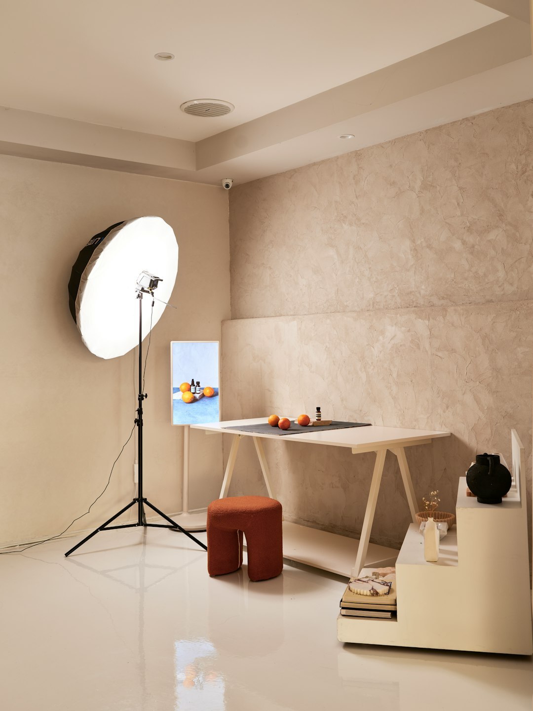 Television news desk set with studio lighting