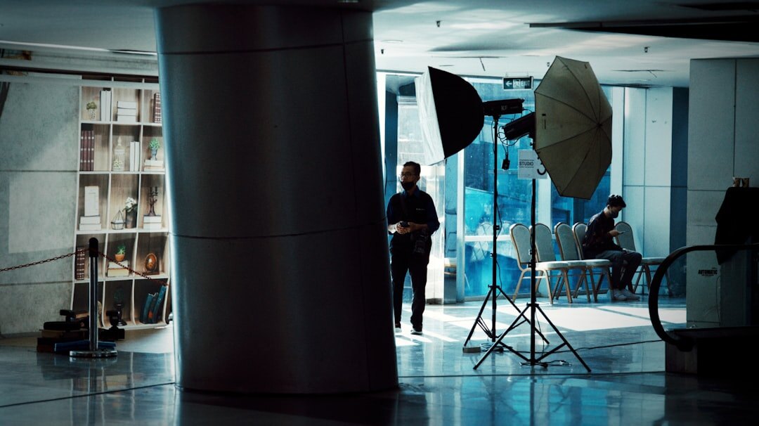 Modern television studio set with lights and cameras